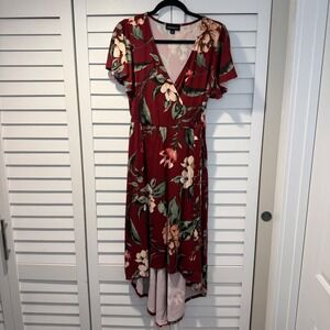 Fortune + Ivy Burgundy Floral L High Low Wrap Dress Short Sleeve Tie Waist